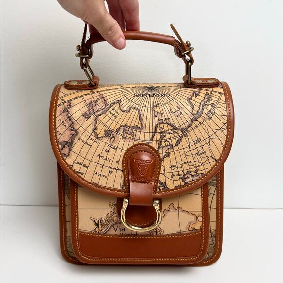 Anthropologie Taurus Leather Handbag Brown Map Print Top Handle - Picture 2 of 9